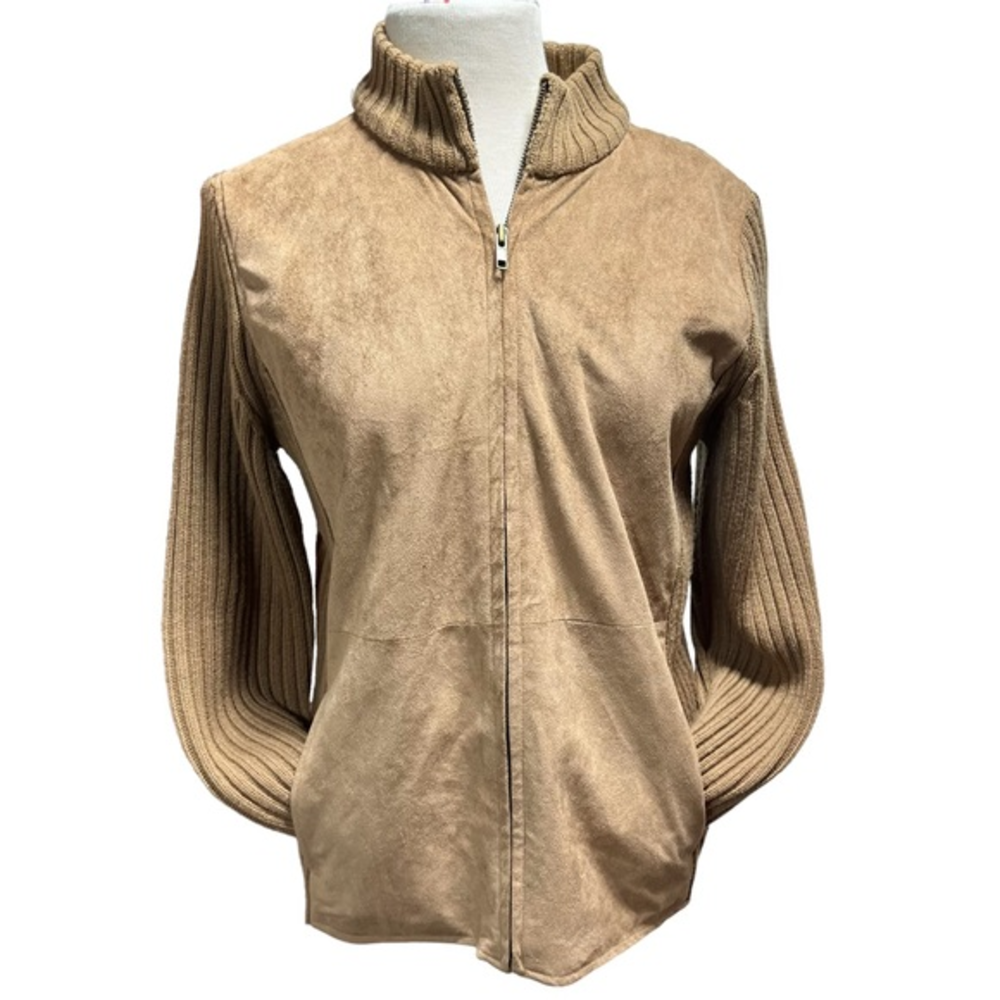 Jennifer Moore Tan Faux Suede Ribbed  Zip Up Jacket Mock Neck‎ Brown Medium #405